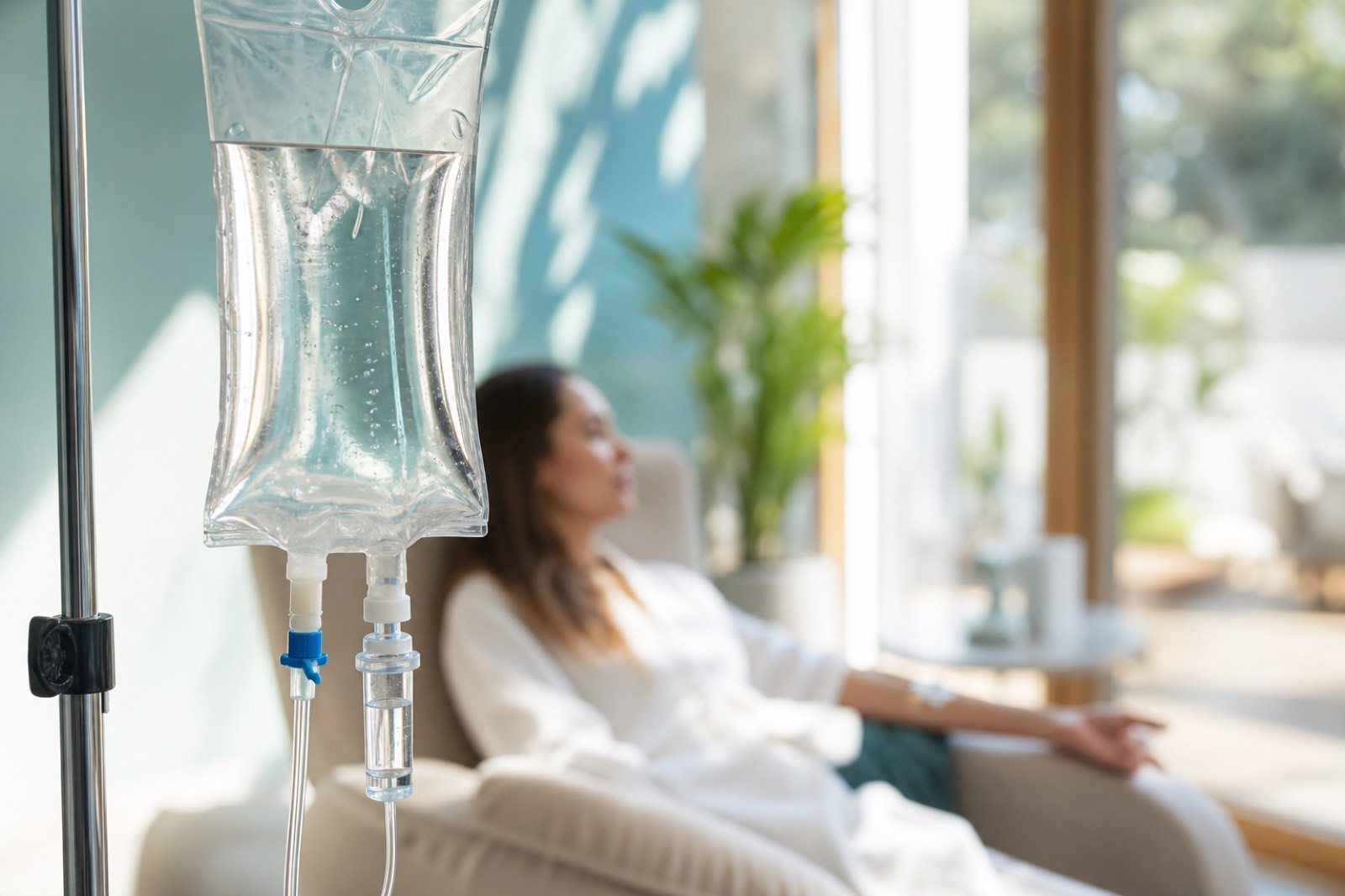 IV nutrition and hydration drip in a bright clinic